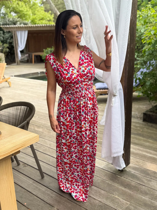 Robe longue Bohème décontractée à imprimé, col en V, portefeuille à la taille